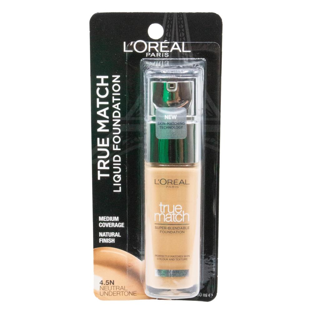 LOREAL 30mL FOUNDATION TRUE MATCH MEDIUM COVERAGE NEUTRAL UNDERTONE 4.5N CARDED